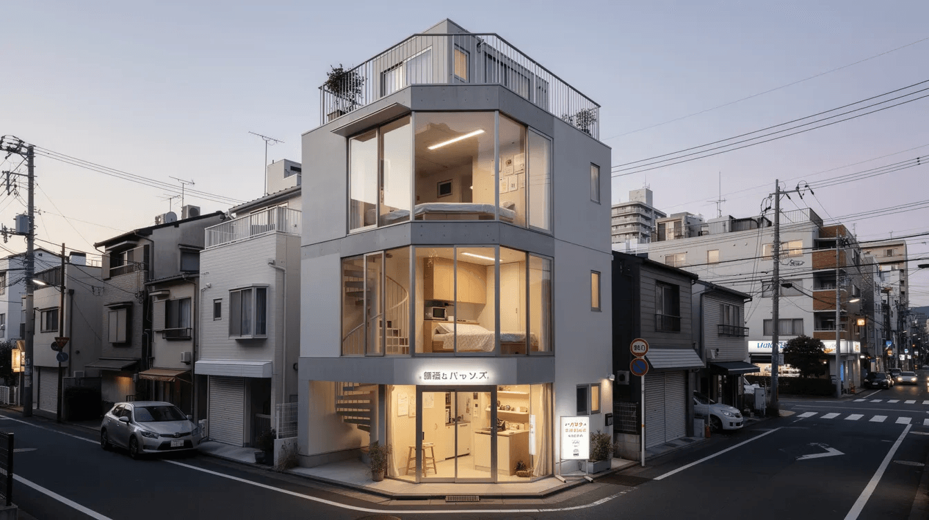 42064e8d3a264806929d31482e422bb7 The image depicts a modern five story micro tower located on a corner lot in Nakano Tokyo featuring large windows that allow natural light to flood the interior The design includes a small shop on the ground floor a compact kitchen and dining room and a roof terrace with city views all connected by a stylish spiral staircase showcasing innovative architecture that maximizes limited space