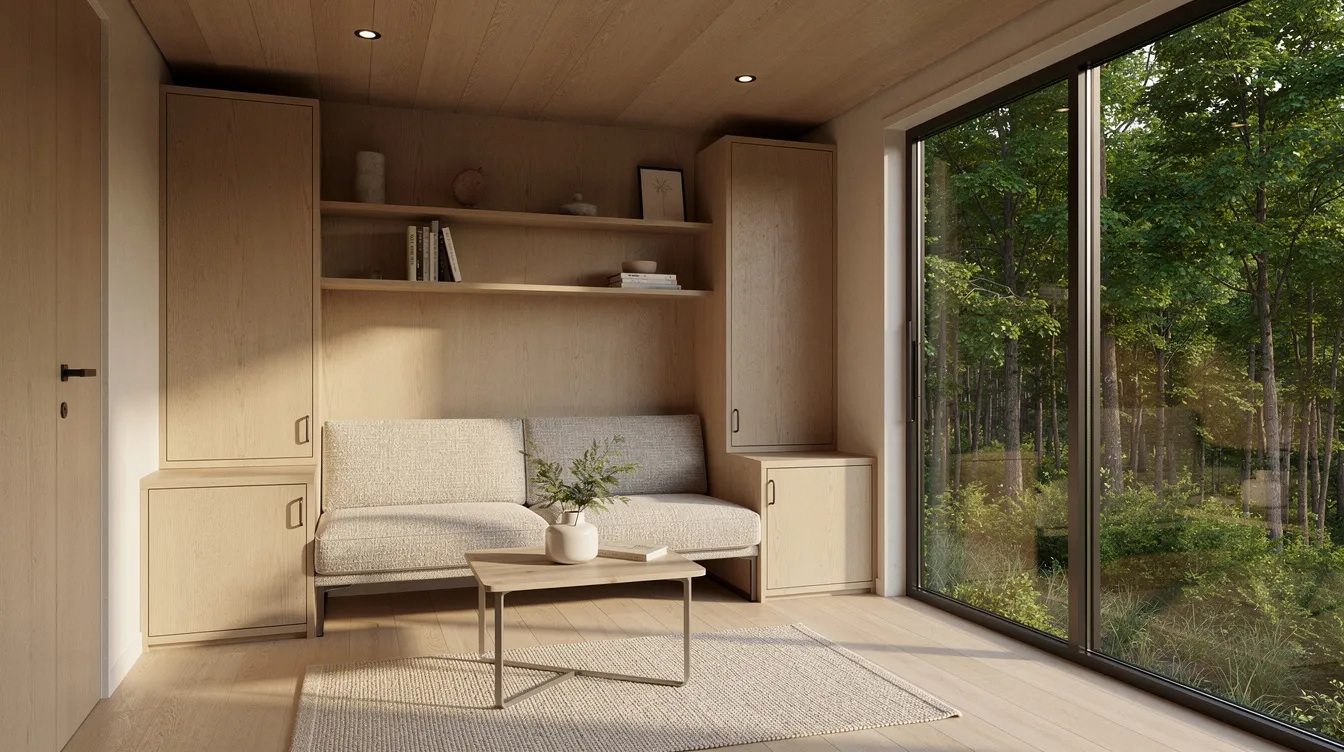 4569eefc7d854b7caef3bfce45a3e2ff The image showcases the interior of a luxurious tiny home featuring natural wood finishes and large windows that provide a stunning view of the surrounding forest This beautifully crafted space exemplifies the tiny home movement combining high quality materials with an eco friendly design creating a perfect retreat for those seeking a minimalist lifestyle