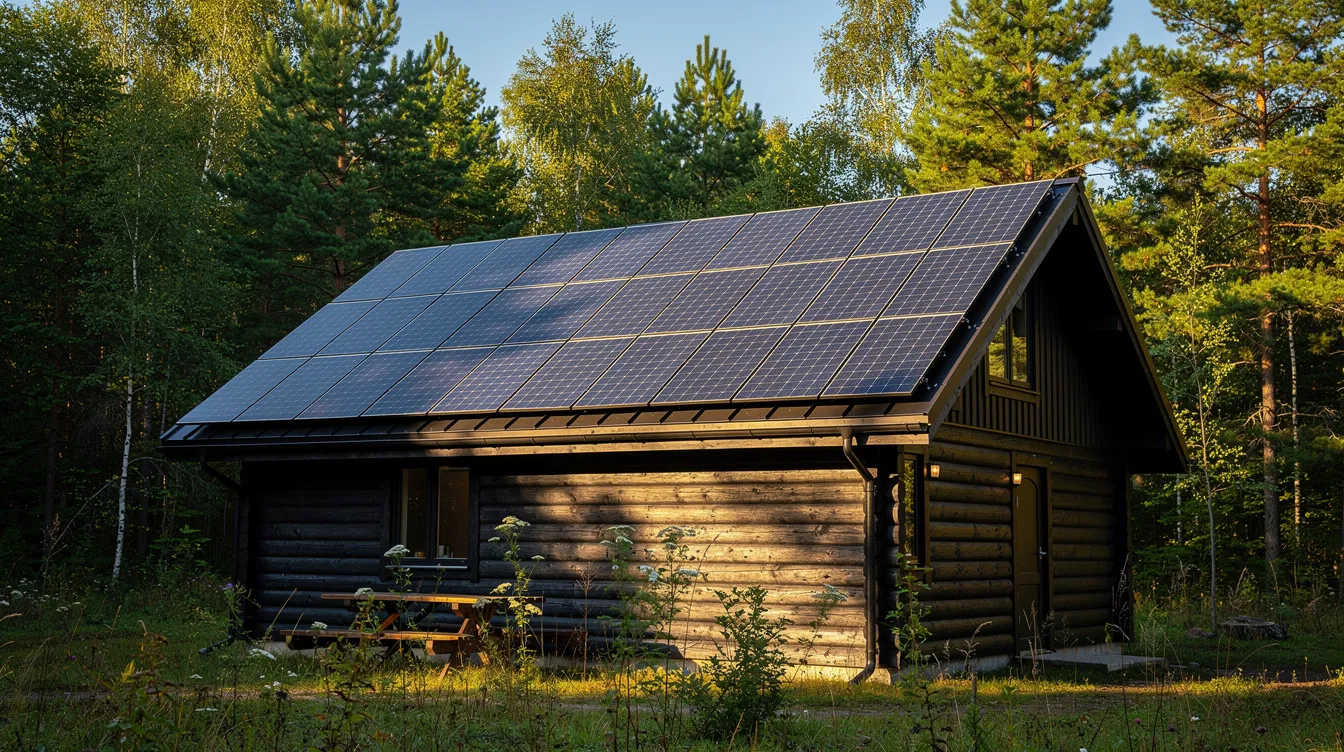 46b191f5383b4189ba979b3c04254a32 The image features a tiny house with solar panels mounted on its roof surrounded by lush green trees in the background This compact home exemplifies sustainable living ideal for those embracing the tiny house movement
