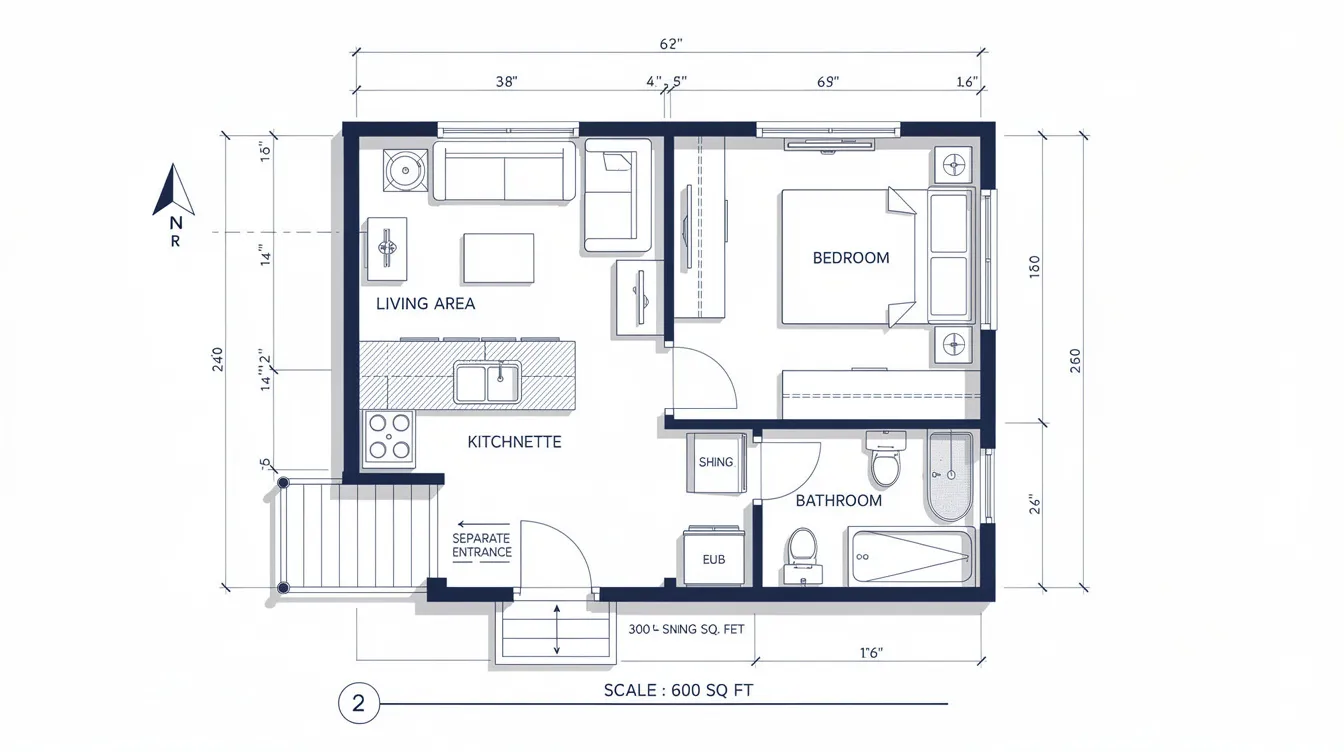 47b222ddc47b48d78b7cba412a497f33 The image depicts detailed blueprints for an Accessory Dwelling Unit ADU showcasing small house plans ranging from 300 to 600 square feet The design features an open floor plan with a compact kitchen full bathroom and separate entrance emphasizing functional living space and energy efficiency for versatile uses such as guest houses or rental units