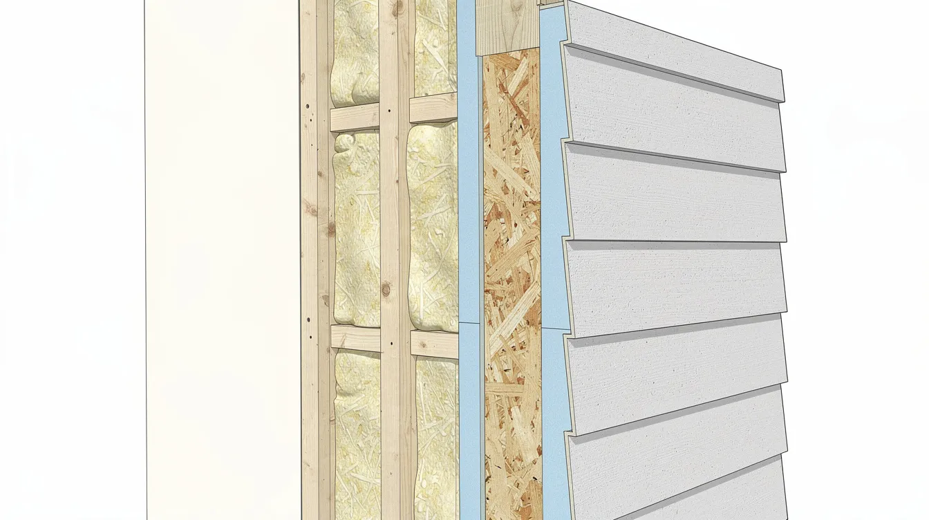 48b16be79d734a0cb56a92b9dbd9bb7c This image depicts a cross section view of an insulated wall assembly showcasing multiple layers of high quality building materials designed for energy efficiency in tiny house living The illustration highlights the importance of proper ventilation and durable materials to enhance air quality and minimize heat loss in compact homes