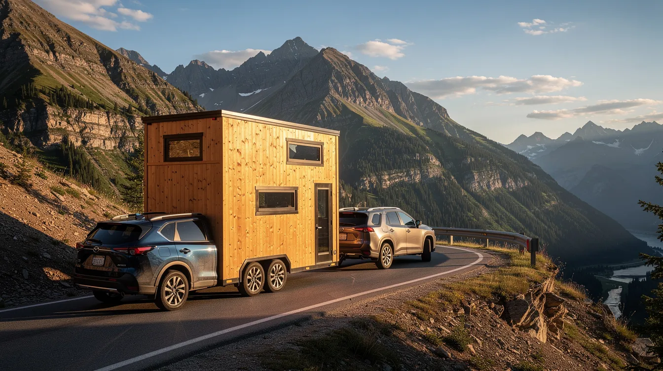 491f0c6b622b4d63a01956f4666ed79b A compact tiny house on wheels featuring a metal roof and cozy interior is being towed by a mid size SUV through picturesque mountain terrain showcasing the adventure of tiny home living This travel trailer exemplifies the freedom of off grid living with its efficient design and quality construction