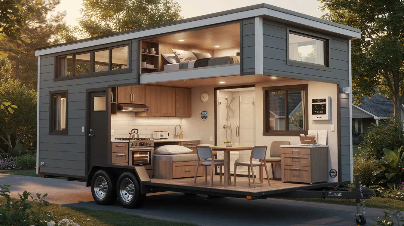 4d1ef90a1dc14820a16b2595772d9924 The image showcases a beautifully designed tiny home featuring a full kitchen bathroom and a dedicated sleeping area all crafted with premium materials for comfort and functionality This eco friendly tiny house exemplifies the tiny home movement providing a stylish and efficient living solution that maximizes space while minimizing energy consumption