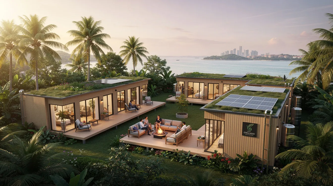 4dea8c85af974caebe9e13edef8c185d The image depicts a serene tiny house development on Lazarus Island showcasing eco tourism accommodations designed for guests seeking a close connection with nature Each tiny house features minimal furnishings a queen sized bed and excellent bathroom facilities all set against the backdrop of a beautiful white sand beach making it an ideal beachside destination for city dwellers and nature enthusiasts alike