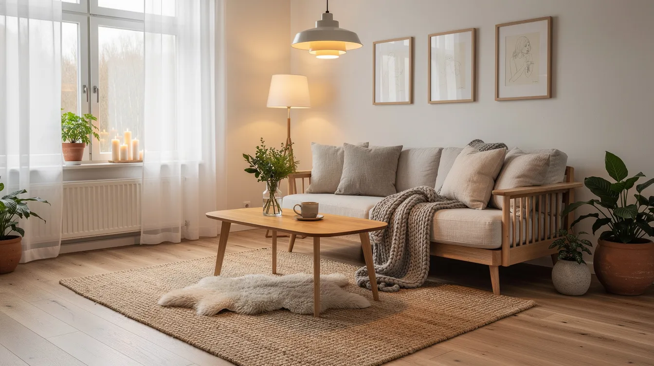 4f3808ff4eb54602a3f911d765079781 The image depicts a cozy Scandinavian tiny home featuring light wood accents and large windows that fill the space with natural light The inviting living area includes a stylish coffee table and open shelving creating a functional and aesthetically pleasing environment perfect for relaxation and family gatherings