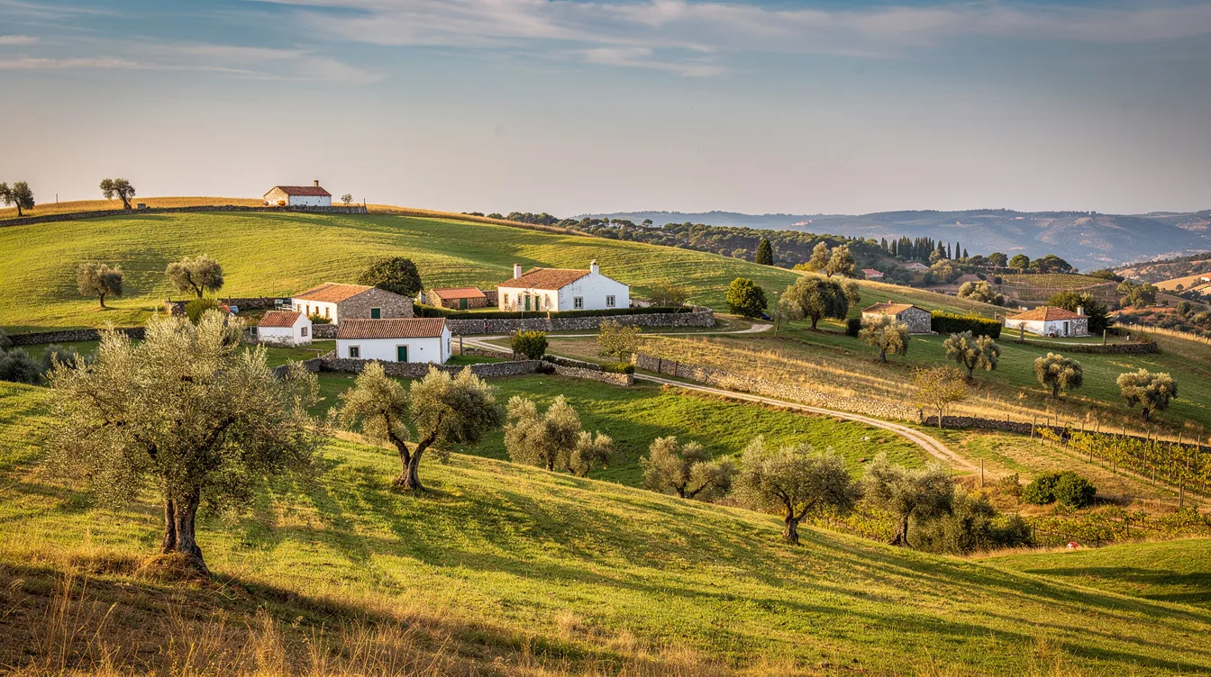 4ffc5647e906495a81b942ff333fd0df The image depicts the rolling hills of rural Portugal dotted with traditional buildings and olive trees showcasing a serene landscape that embodies the charm of tiny living This picturesque scene highlights the connection between nature and sustainable lifestyles inviting viewers to explore the beauty of life in the countryside