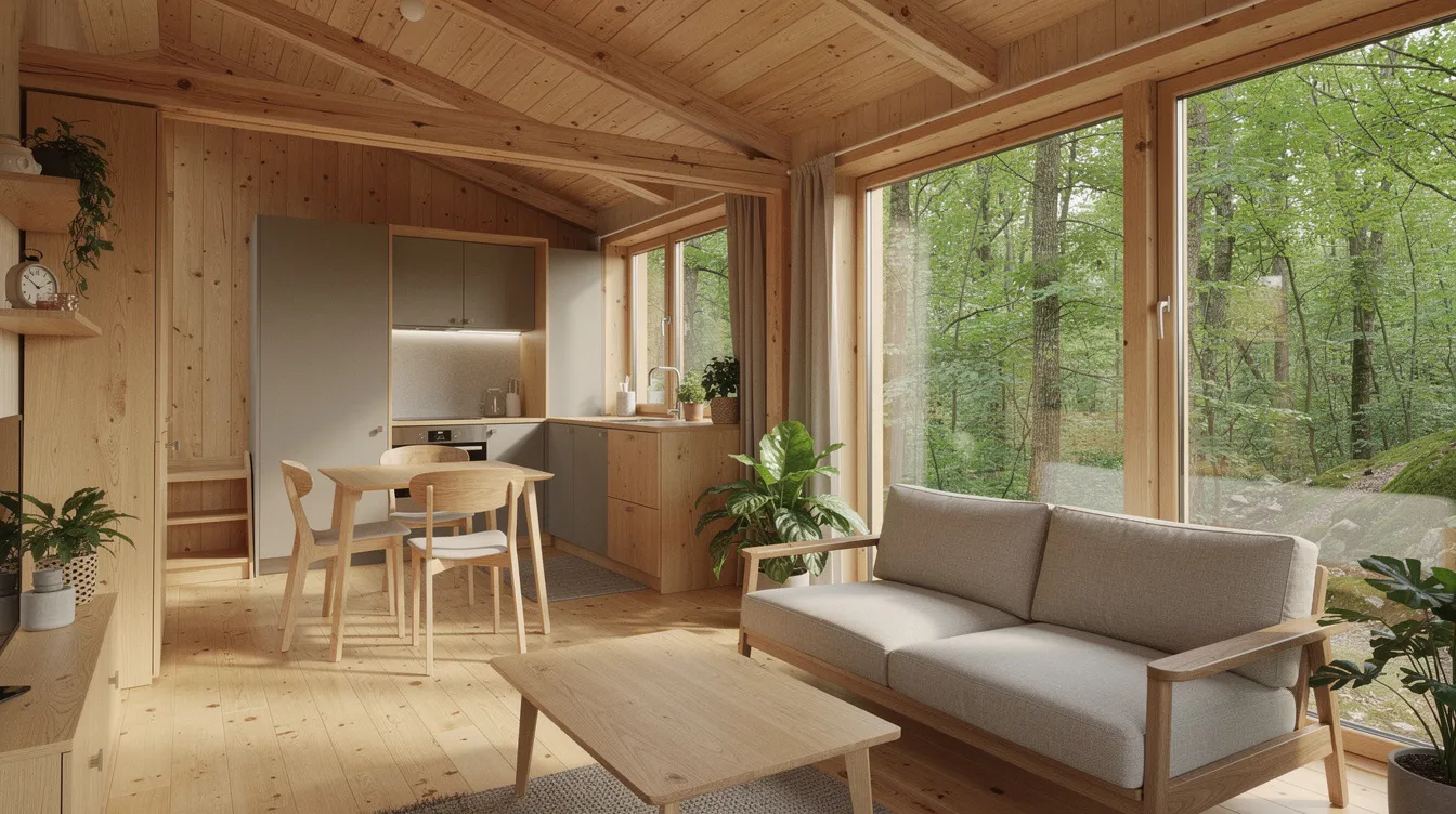 512cb5ca58d94e81a61703f110d25011 The interior of a compact eco cabin features an open plan living area with large floor to ceiling windows that flood the space with natural light complemented by a warm natural wood ceiling This sustainable home showcases the use of natural materials and emphasizes energy efficiency creating a cozy yet modern environment