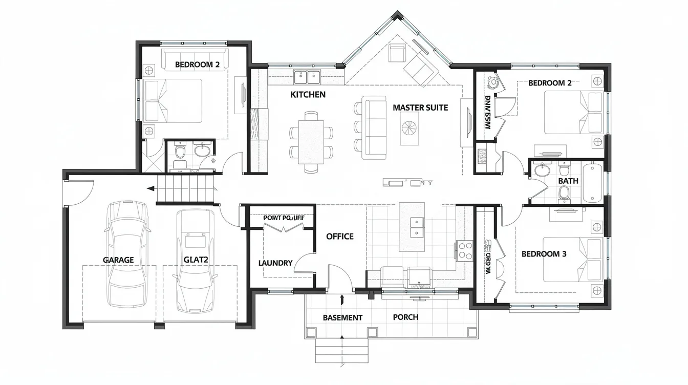 52640ace071c42c5ac2339016076a00b The image depicts a top down view of a ranch style log home floor plan showcasing spacious single level living with designated areas for three to five bedrooms multiple bathrooms and a generous great room featuring vaulted ceilings This design emphasizes comfort and functionality ideal for families seeking their dream log home