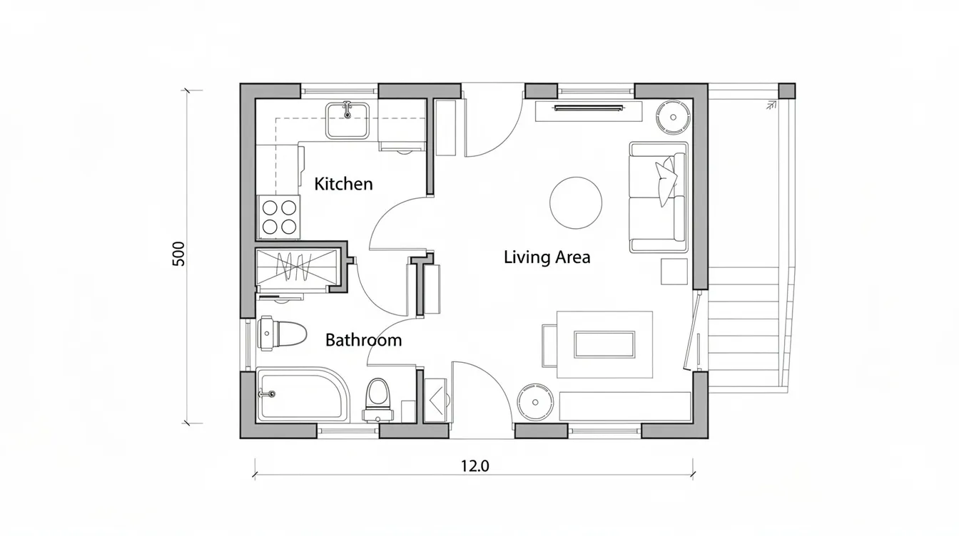 52c50ea8df3a4c39a37e2a3e2012577b The image depicts a detailed floor plan layout of a small brick cottage showcasing a cozy kitchen inviting living area and a practical bathroom all designed to maximize space in this charming tiny house The layout emphasizes natural light and efficient use of room making it an ideal tiny home plan for comfortable living