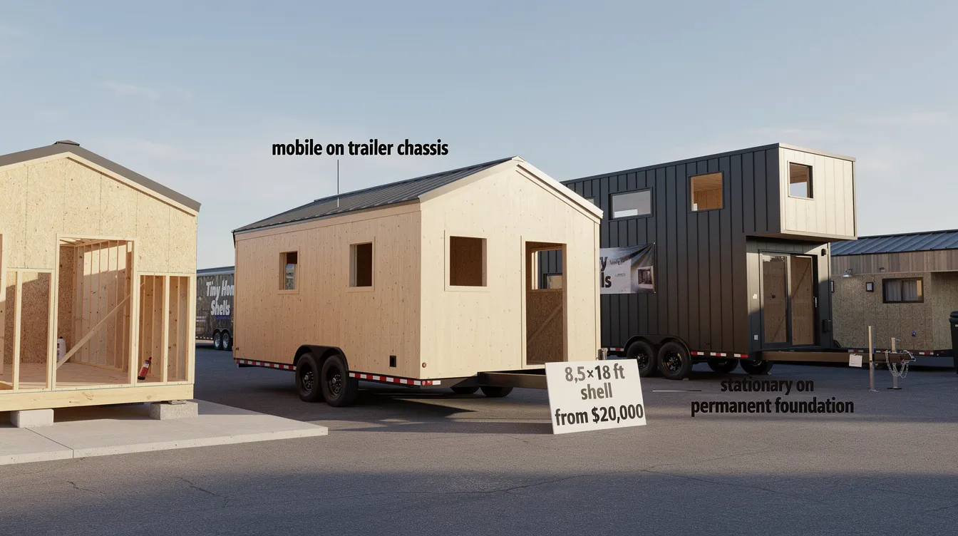 52fba701131c455d8003811d4254fa8e The image showcases a variety of tiny home shells highlighting their finished exteriors and customizable features These compact structures ranging from 150 to 300 square feet are designed for both mobile and stationary living offering an affordable solution for homeowners seeking to create their dream home