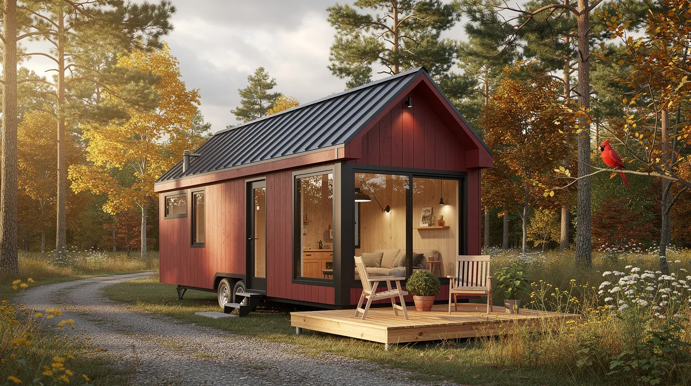 538a69c5d4674aacbb85e755620d6655 The image showcases the Cardinal Tiny Home a thoughtfully designed abode that features a warm and inviting atmosphere With its modern exterior large windows and skylights that flood the interior with natural light this compact tiny home includes a cozy living area a master bedroom with a walk in closet and a fully equipped kitchenette all while promoting a minimalist lifestyle