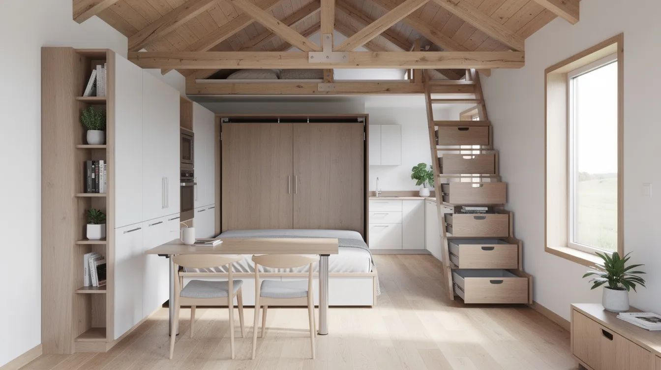 53be78eeb946492a8dafc317fc018a61 This image features a tiny timber frame cabin designed for minimalist living showcasing its compact yet functional layout The interior boasts vaulted ceilings with exposed beams multi functional furniture and large windows that create an airy atmosphere while the exterior includes a cozy porch perfect for enjoying morning coffee