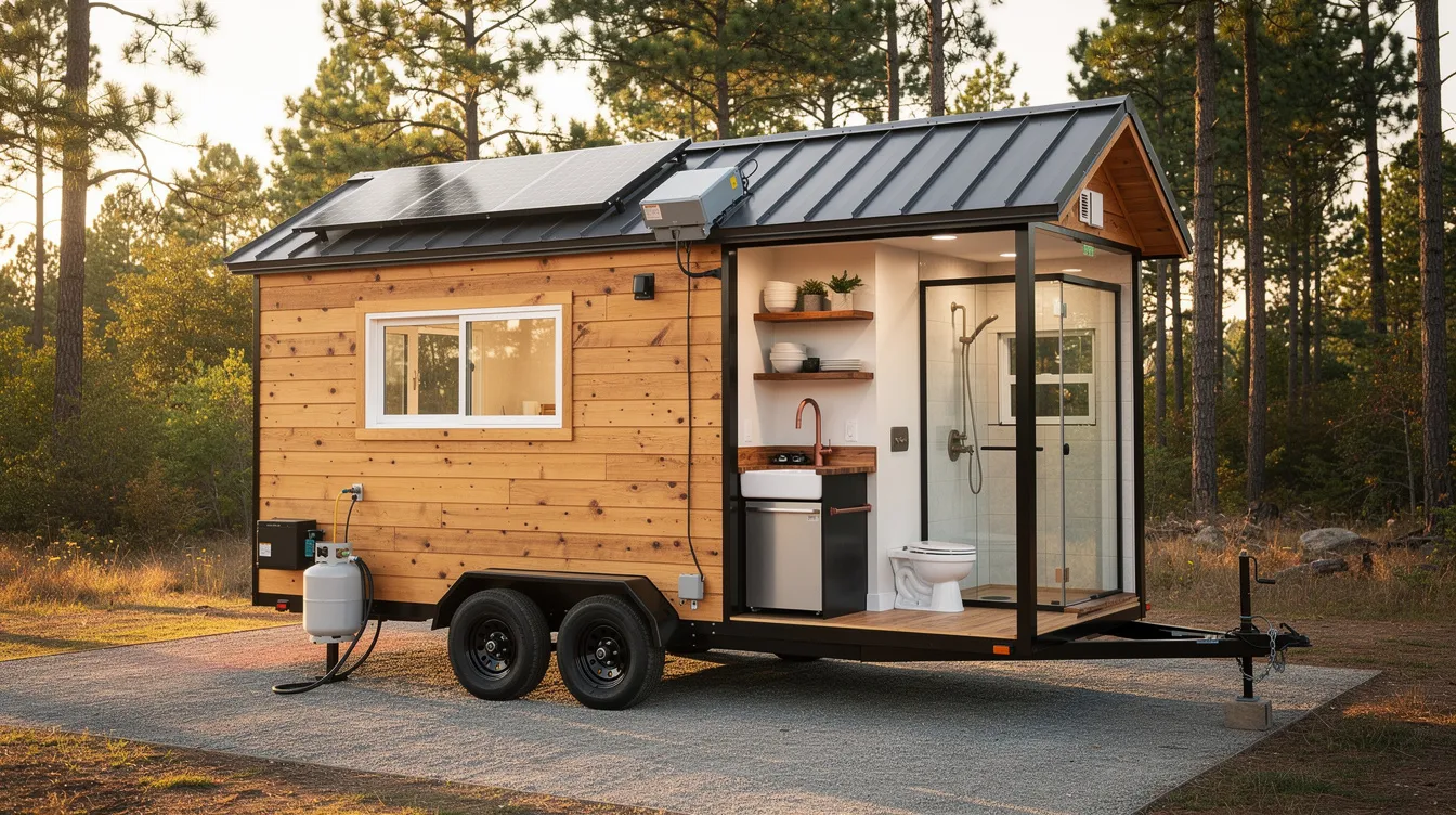 544ed23a21e94965826f79fca4f52d58 The image showcases the Nugget tiny house a modern tiny living solution measuring 12 feet long and 85 feet wide featuring a steel frame with pine siding and a metal roof Inside it includes a compact bathroom with a composting toilet a kitchen with hickory butcher block countertops and off grid systems like solar panels and a fresh water tank making it ideal for full time living or a weekend getaway