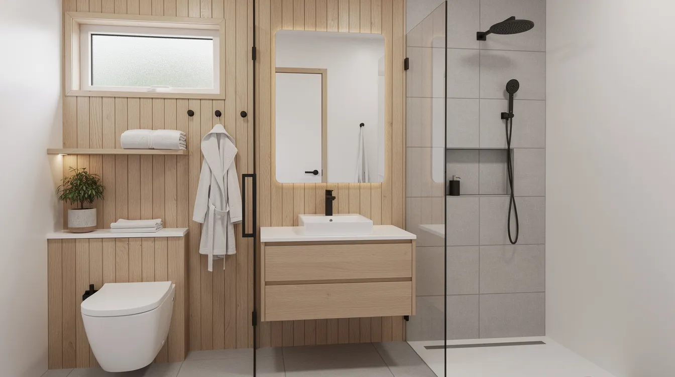 56e561ee847e40cdb5913fca55d4a020 The image depicts a cozy essential tiny house bathroom featuring a compact sink and a well planned layout that maximizes storage space showcasing multifunctional furniture and clutter free design The warm walls and simple amenities create a welcoming atmosphere perfect for tiny home living