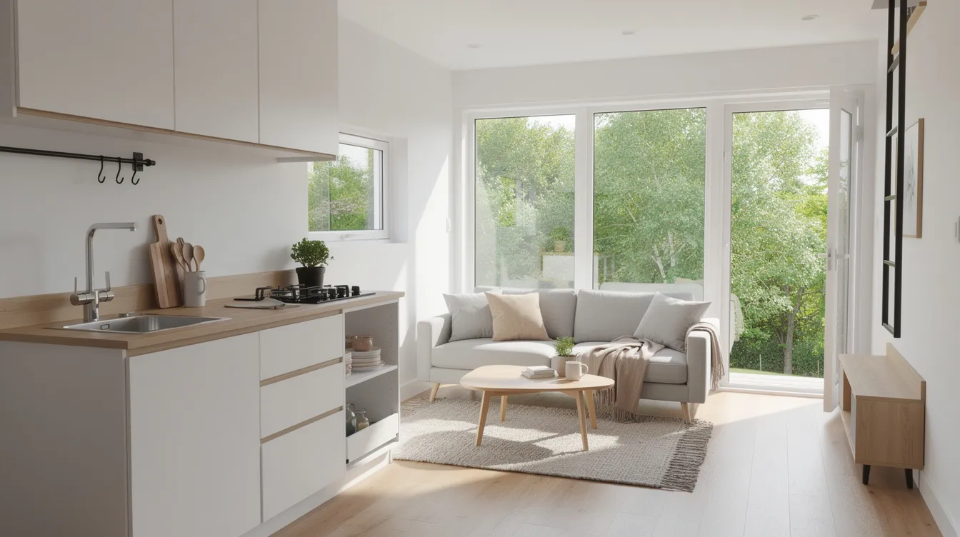 56f8830eb8224aefaec8ae056b0bae85 The image showcases the interior of a bright tiny home featuring an open floor plan that includes a cozy kitchen and living area enhanced by large windows that allow natural light to flood the space This tiny house part of a community in McKinney Texas exemplifies comfortable living with a focus on affordability and efficient use of space