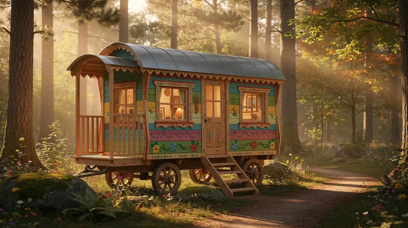 572a5814b47848eea39239069735a8ab A charming colorful wagon style tiny house with a curved roof is parked in a serene wooded setting providing a perfect weekend getaway The beautiful tiny home features comfortable outdoor chairs and is surrounded by lush plants creating a cozy escape for family and guests