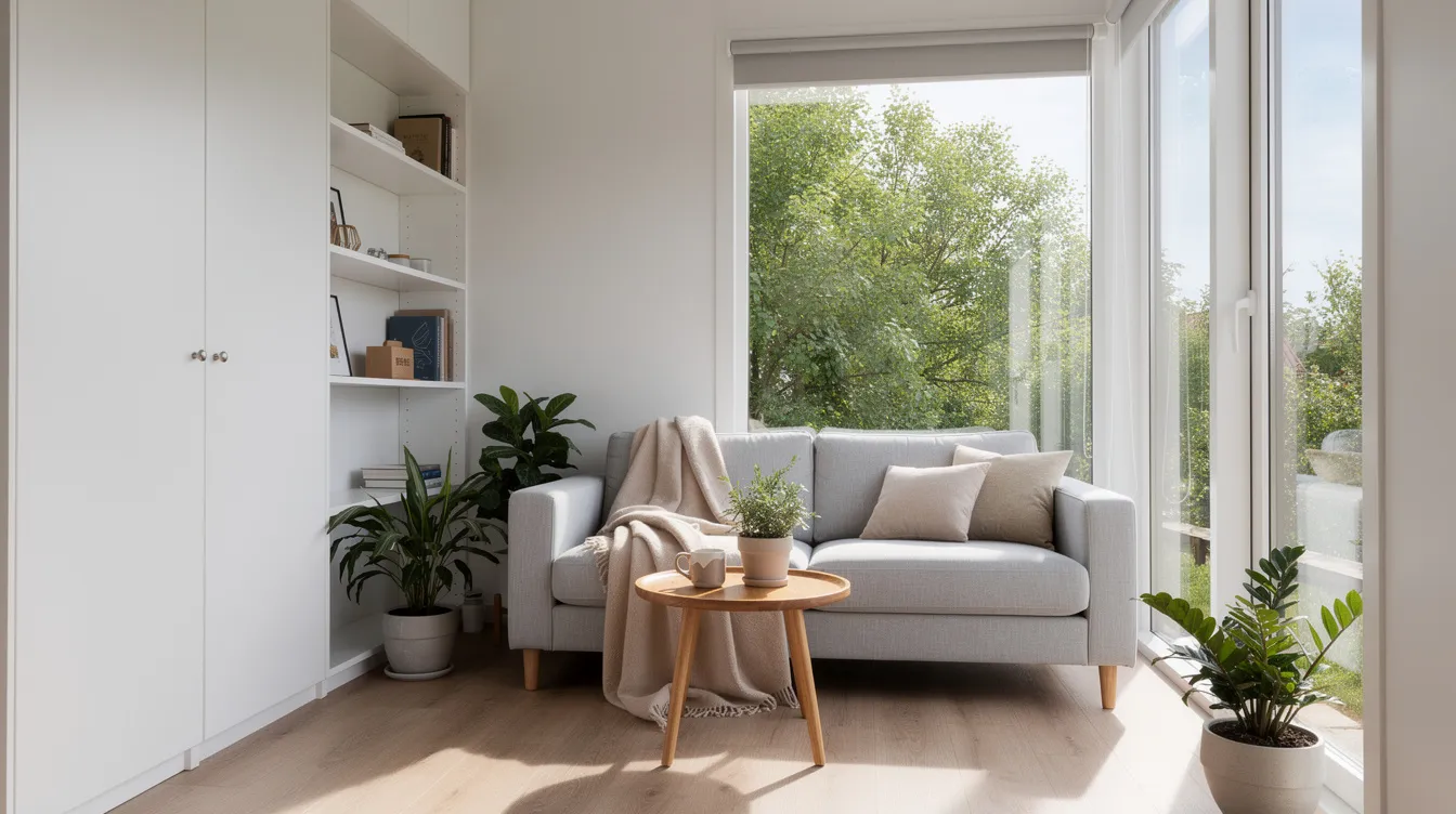 57e2ad8e2d7449c09f41cc042f046ae7 The image depicts the interior of a bright tiny house living room featuring floor to ceiling windows that allow ample natural light to fill the space complemented by white walls and minimalistic furniture This light filled living space emphasizes the compact yet functional design typical of most tiny homes creating a cozy atmosphere