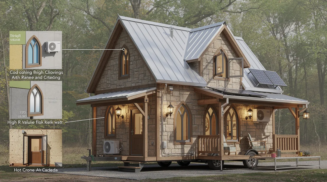 5b77303c1e71442696e44bc4a7fdf022 The image showcases a Gothic tiny home designed with practical considerations for mobility and climate efficiency It features lightweight materials like faux stone panels and engineered wood beams along with large operable Gothic windows for ventilation ensuring both aesthetic appeal and functionality