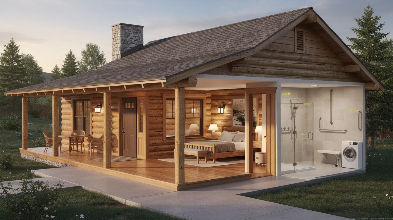 5e01f426c0b74d4c819c1793442e5fbb The image showcases a beautifully designed single level log home ideal for retirement and aging in place featuring wide doorways zero step entries and an open living area that enhances comfort and accessibility With a layout ranging from 1200 to 2000 sq ft this dream log home includes two bedrooms one or two bathrooms and showcases the rustic beauty of log construction while meeting specific needs for safety and ease of living