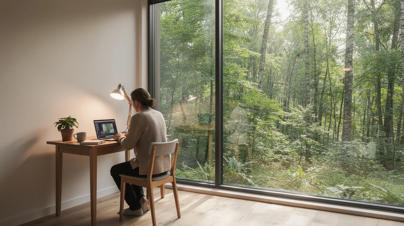 5e1683ecab184a91b46b60ffababd7de A person is focused on their work at a small desk positioned next to a large window offering a serene view of the surrounding forest The light filled space reflects the cozy charm of tiny living with wooden elements and functional furniture that enhance the compact interior