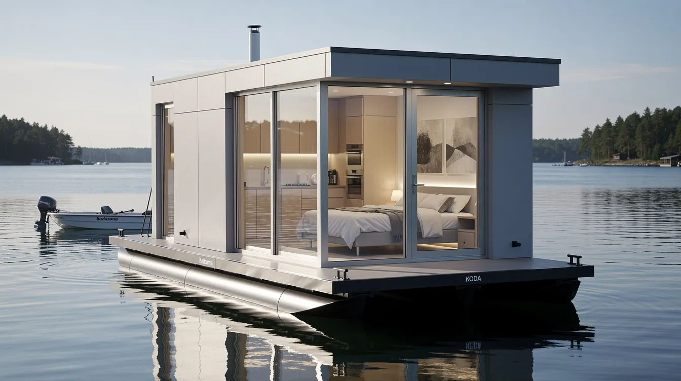 61c40d01c66e47ddaa448834effb599a The image showcases the KODA Float a stunning 269 square foot tiny home designed to float on water featuring expansive windows that fill the interior with natural light This modern cabin with its high ceilings and sleek design offers a cozy living space complete with a kitchenette and sleeping area perfect for water enthusiasts seeking a unique lifestyle