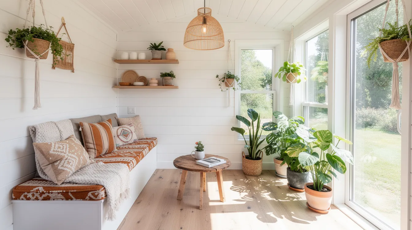 624632380236490ba61ef1ceb900e3fc The image features a bright white tiny house interior adorned with boho textiles and rattan lighting creating a cozy atmosphere Large windows allow natural light to flood the small space complemented by vibrant green plants that enhance the warm and inviting feel of the room