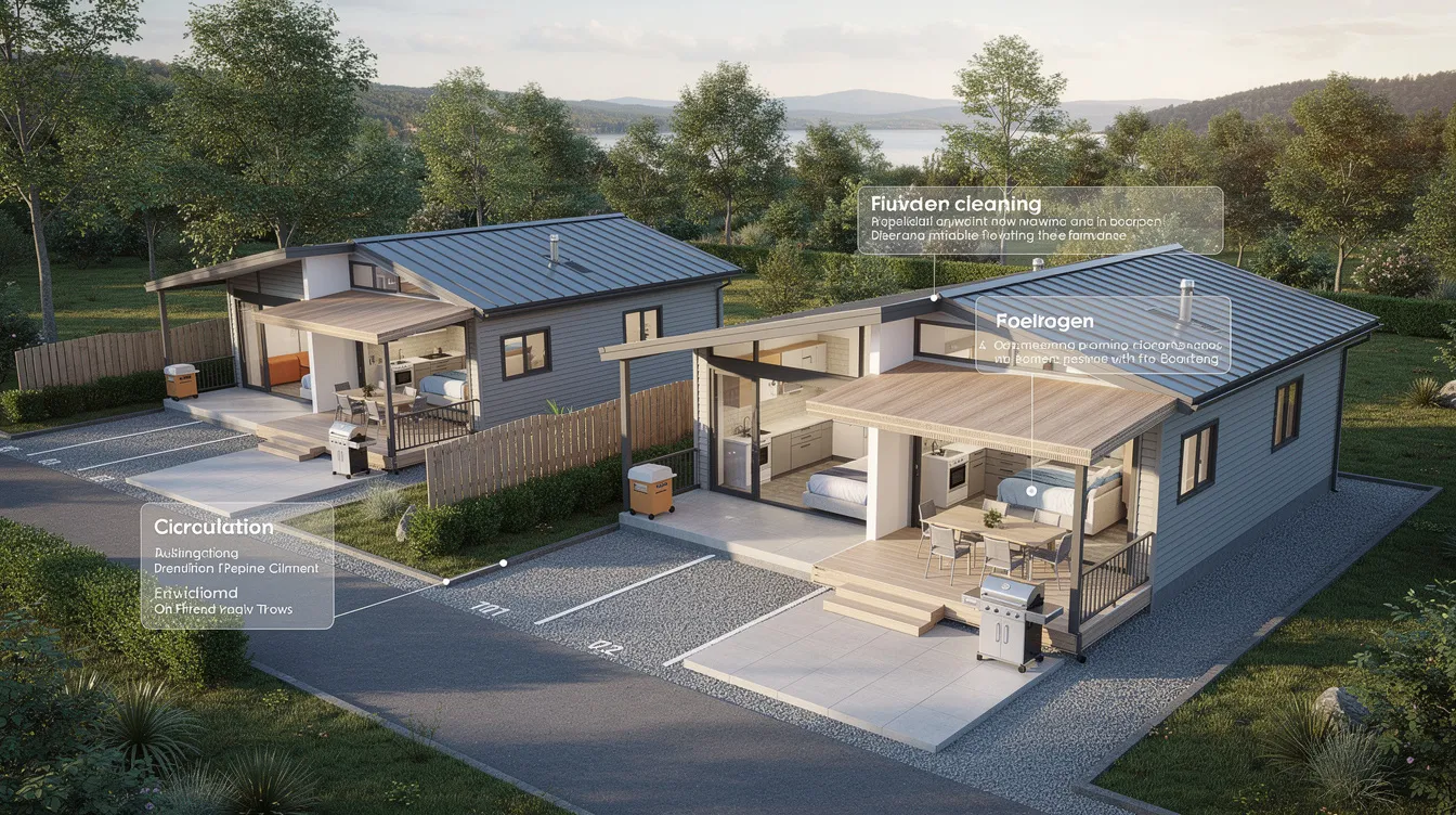 64693210449941d3b7f055cb3adaec29 The image showcases a charming vacation rental cottage designed with practicality in mind featuring durable materials and efficient layouts ideal for high turnover use Outdoor living spaces enhance the guest experience while privacy features and separate parking ensure comfort for both visitors and neighbors