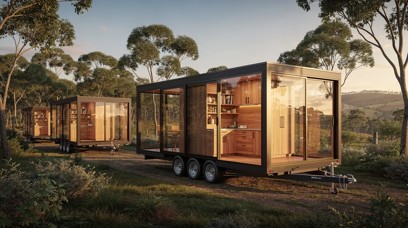 677e8dc602c542f6b6b9a6efd34c5a77 The image showcases a hybrid glass tiny house on wheels featuring large double glazed panels and elegant cedar cabinetry interiors set against a picturesque natural landscape This compact home approximately 8 meters in length offers amazing views and a luxurious space for guests to relax and explore the beauty of the surrounding country