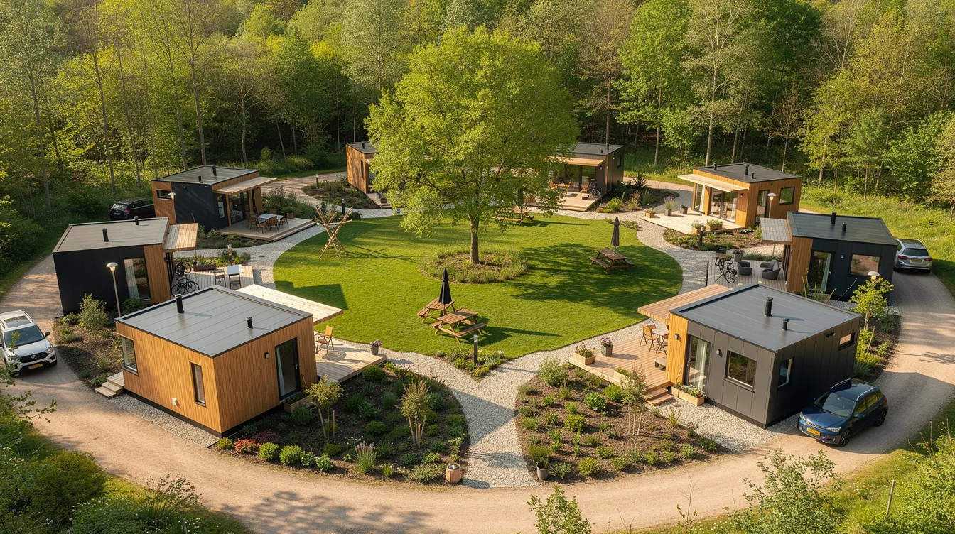 679d31865e3e4f11b5c7b031bf86269e An aerial view showcases a vibrant tiny house community featuring several modern tiny homes arranged around a lush central green space creating a cozy oasis for residents Each tiny home is designed with natural light in mind highlighting their creative floor plans and inviting living spaces