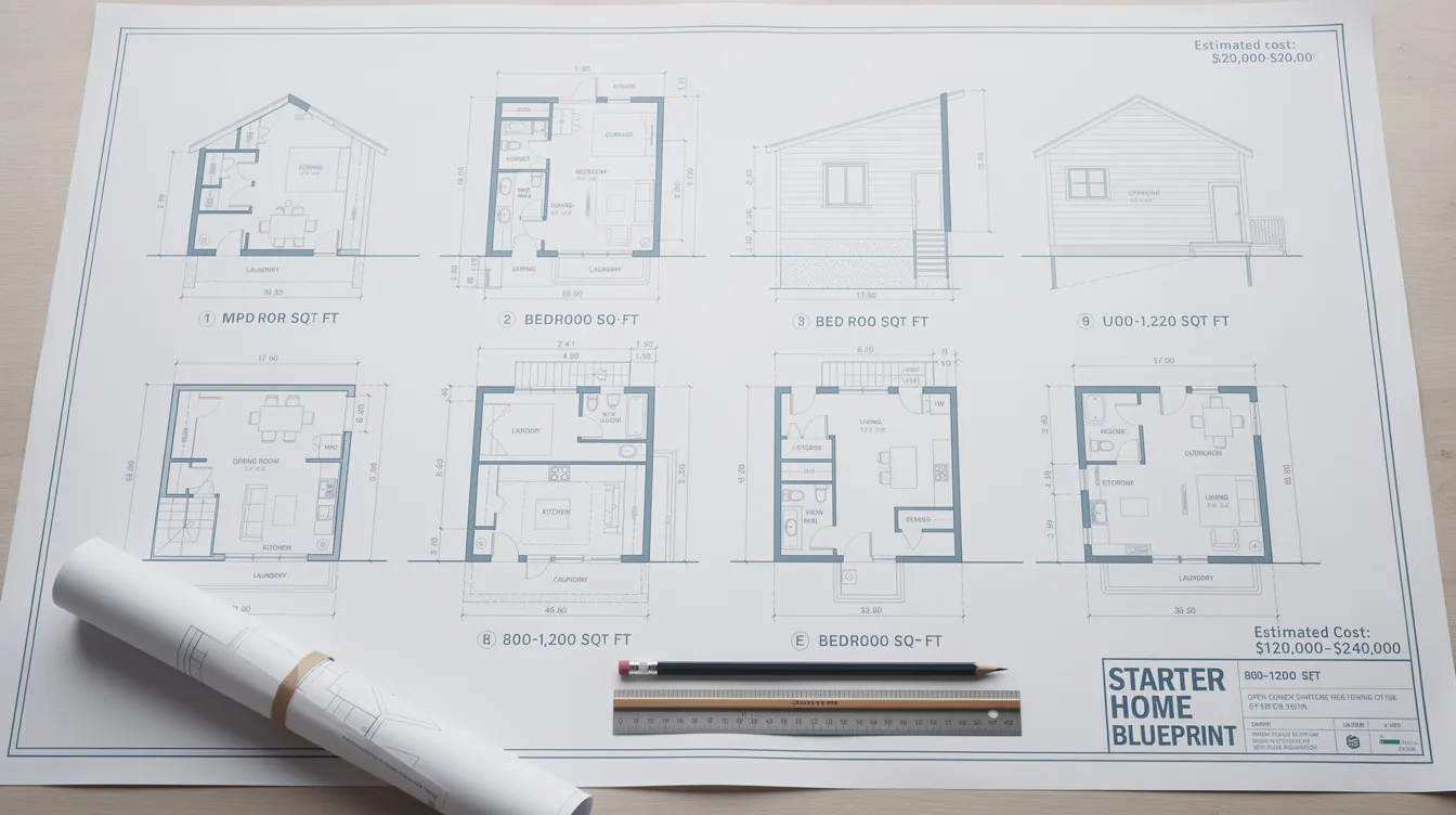 68598a7318e2436fb4a33220f459fdc1 The image features a blueprint design for a starter home showcasing small house plans ranging from 800 to 1200 sq ft The layout includes 2 3 bedrooms with an open concept that emphasizes seamless flow between living spaces maximizing natural light and functional living space while incorporating innovative storage solutions