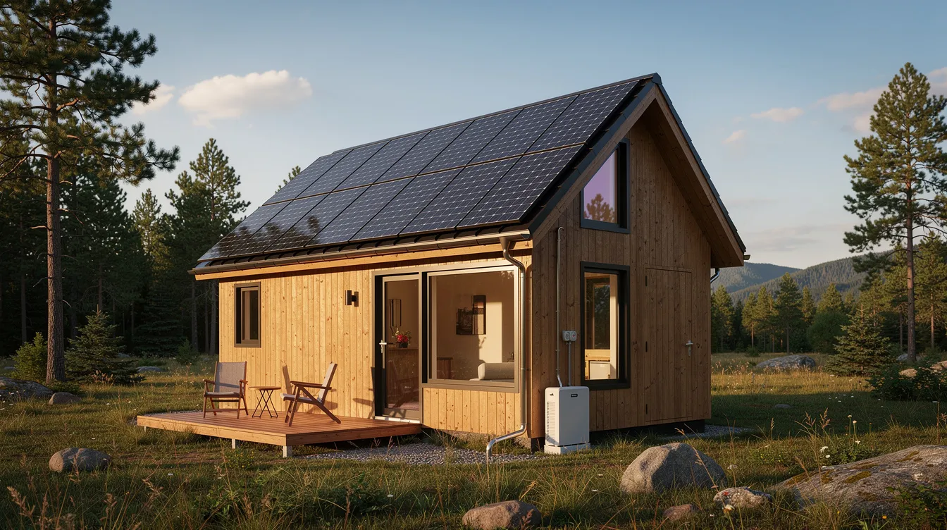 69f9b77c43c240f18894ea00b6897b2a The image features a small off grid tiny house with roof mounted solar panels showcasing its sustainable design The structure is compact and modern emphasizing features like a metal roof and cozy interior ideal for full time living