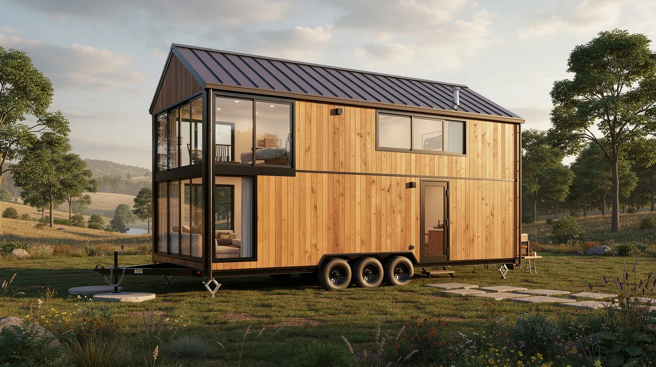 6a426f1bbb904ddd98873e0917efb4ff The image depicts a charming two story tiny house on wheels clad in cedar with large windows that invite natural light parked on a picturesque lot This ultimate tiny home features a covered porch offering a cozy outdoor space and showcases a unique style with its metal roofing