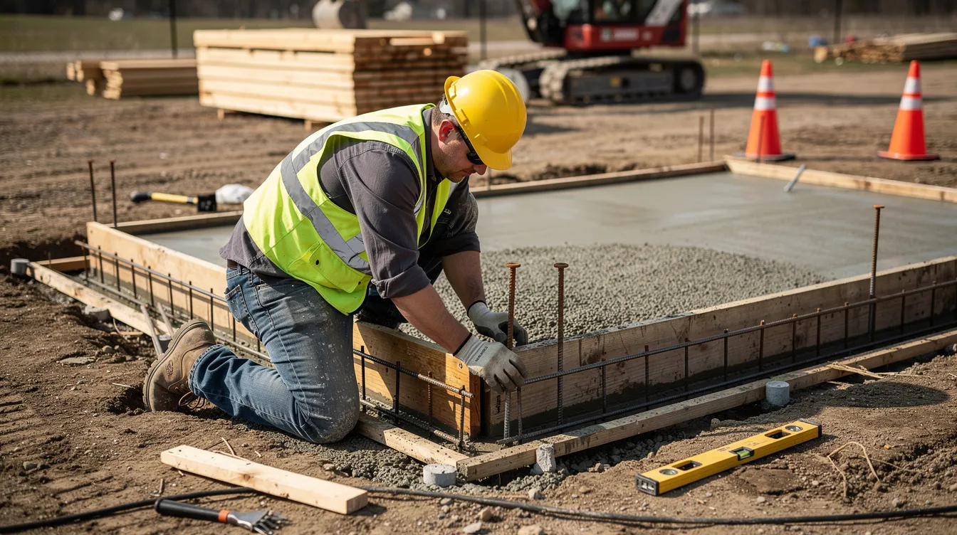 6aa6eeeeca32474ebbb7752cf67aefe8 A construction worker is installing the foundation for a tiny house ensuring it meets local building codes and regulations The worker is focused on creating a stable base for this small structure which is part of the growing tiny home movement
