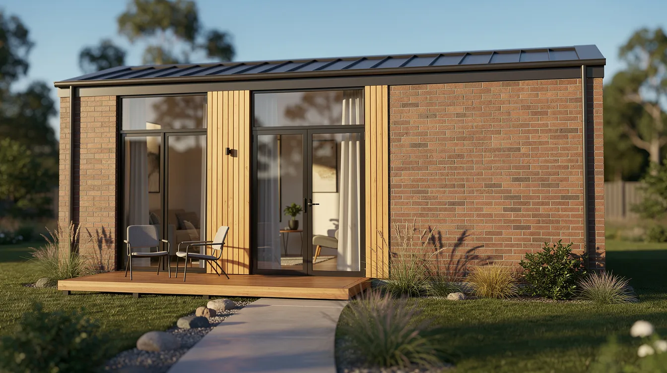 6b8d6383b1df4b528533fabebea1cfa2 A modern brick tiny house features large windows that invite natural light complemented by cedar accent siding for a stylish exterior This cozy one bedroom home showcases a practical layout making it an inviting space for comfortable living