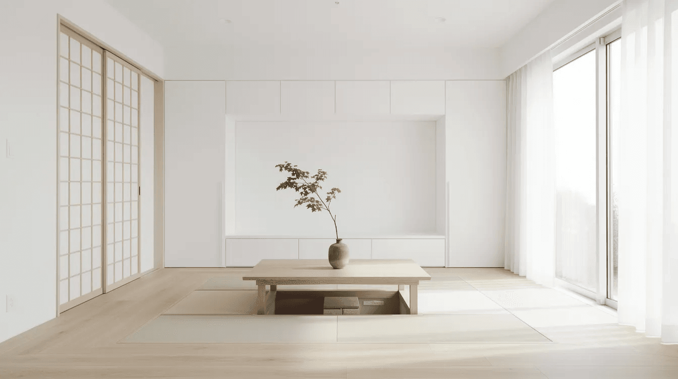 6d516740793049d3ac7b388bc8057062 The image showcases a bright minimalist Japanese interior featuring white walls and large windows that invite natural light creating a serene atmosphere The open space harmoniously integrates indoor and outdoor elements reflecting contemporary design in a small house setting