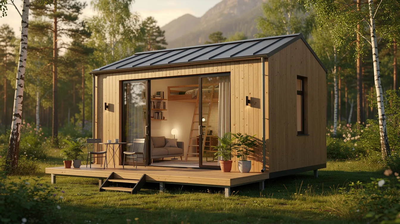 6e2e2ac91a8a4579a0e8b364135875ec The image depicts a cozy tiny house showcasing its compact design and modern features This tiny house is a perfect solution for those looking to embrace minimalistic living offering a stylish and functional space on wheels
