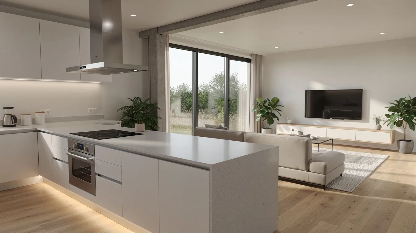 6ed802be3c01452497b712cdd60caa60 The image showcases the sleek interior of a modern prefab tiny house featuring a full size kitchen equipped with high quality appliances and a stylish living space designed for efficiency and functionality The space reflects quality craftsmanship with a minimal aesthetic emphasizing sustainability and smart living