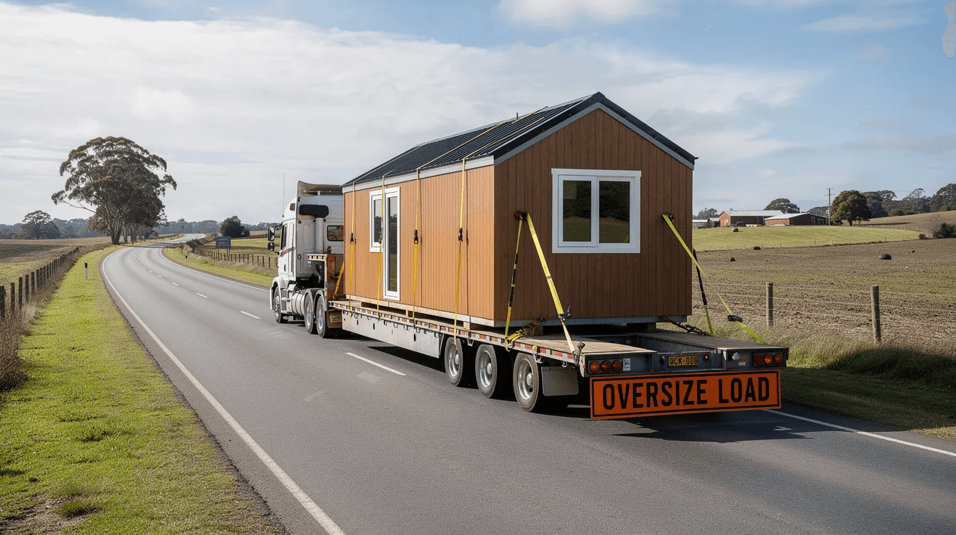 A large flatbed truck is transporting a prefabricated log cabin along a rural highway showcasing the craftsmanship and quality of modular homes This delivery highlights the charm and curb appeal of Amish built cabins ready to be placed on a customer's property.