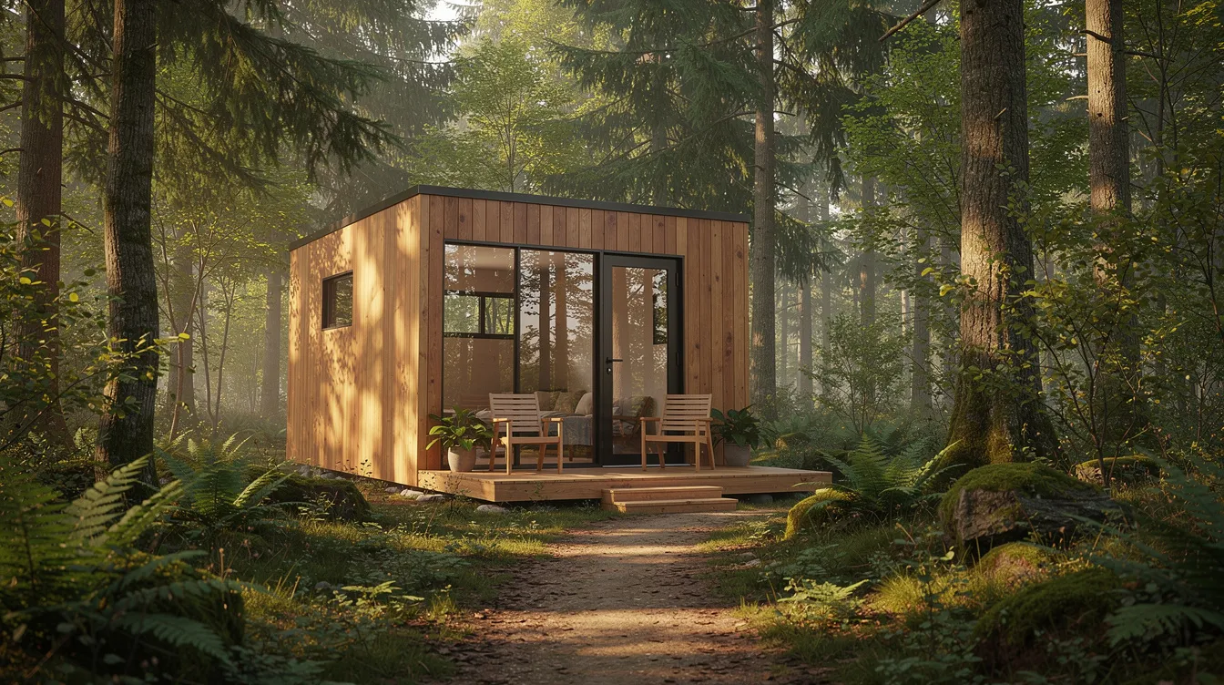 70514ae524c74ff5a37ffe460561a696 A compact tiny home with cedar siding is nestled in a lush forested setting showcasing the perfect blend of nature and modern living This mint tiny house features a cozy interior with a bedroom loft a kitchen with cabinets and countertops and a bathroom ideal for comfortable tiny living in British Columbia