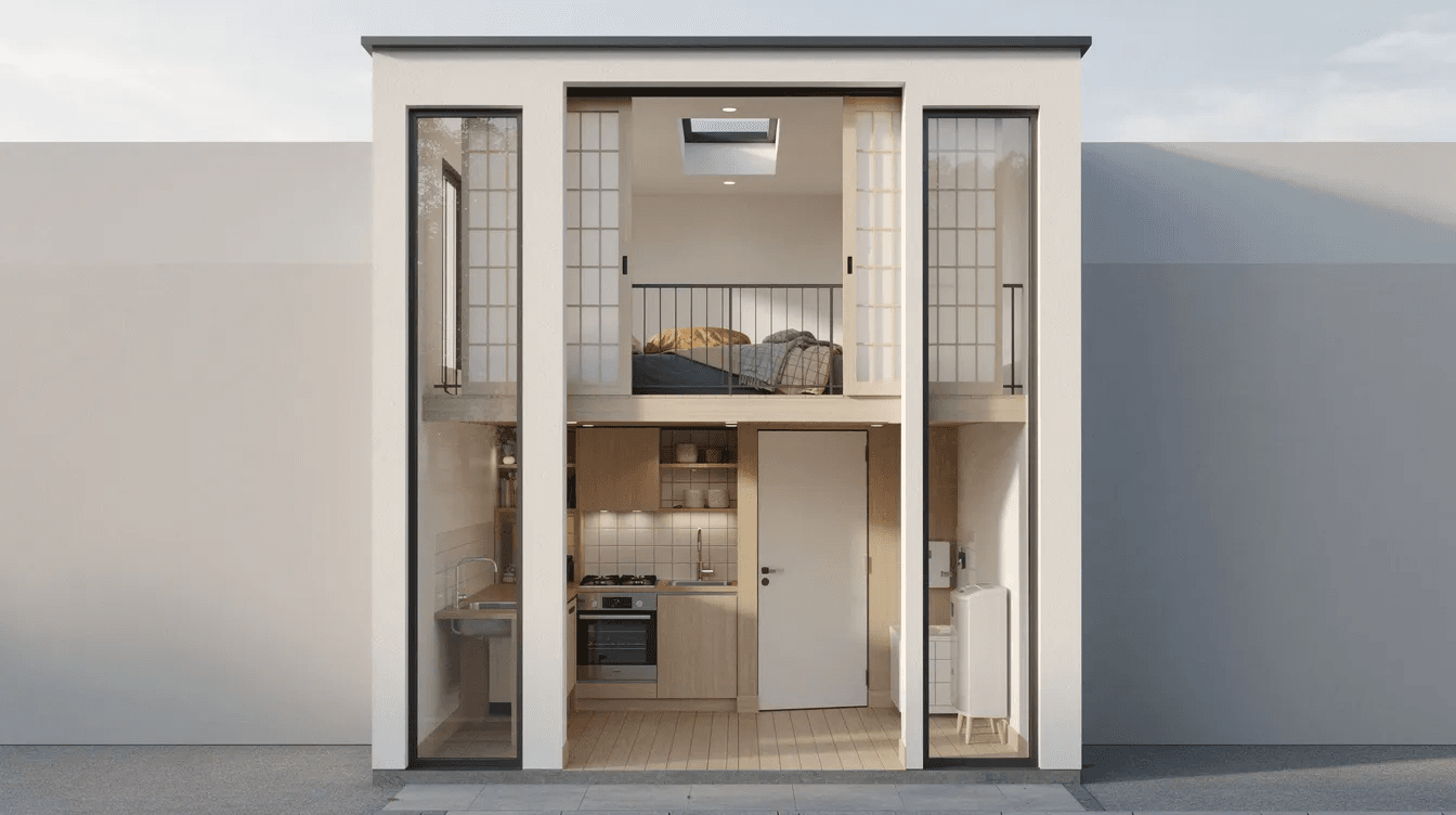 7058e674a0ef470d89764edd0eb6277d The image showcases a serene Japanese small house featuring a compact design with a narrow façade and high ceilings harmoniously integrating indoor and outdoor spaces The layout includes a ground floor kitchen and bathroom with a cozy sleeping area on the mezzanine illuminated by natural light through large windows and complemented by sliding shoji partitions for flexible living