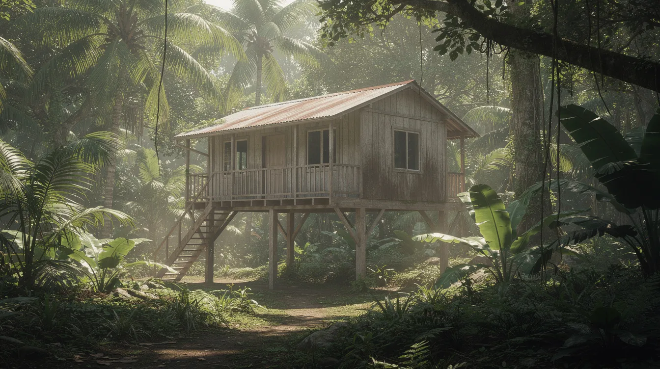 7064e0b1ed254d3c82af4f5b3703ab51 A small wooden cabin designed as a tiny house is elevated on stilts amidst a vibrant tropical forest in Brazil The structure exemplifies modern architecture with sustainable materials blending seamlessly into the lush environment while offering a cozy living space for a family