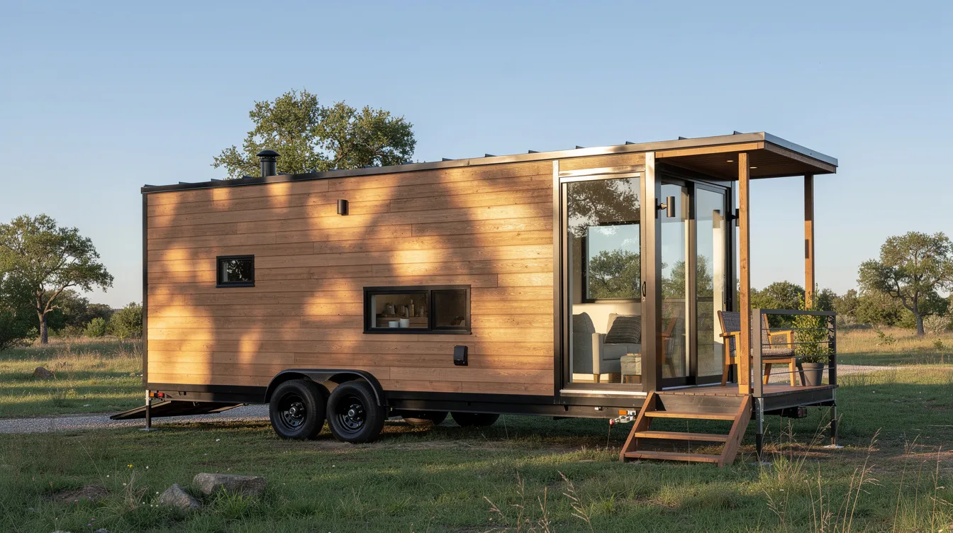 749e7bf6a33e4e1f92ad76ea73fdf791 This image shows the exterior of a modern tiny house on wheels featuring wooden siding and a small covered porch perfect for enjoying outdoor living in a cozy space The design emphasizes efficient use of space making it an ideal example of tiny home living with a focus on comfort and functionality