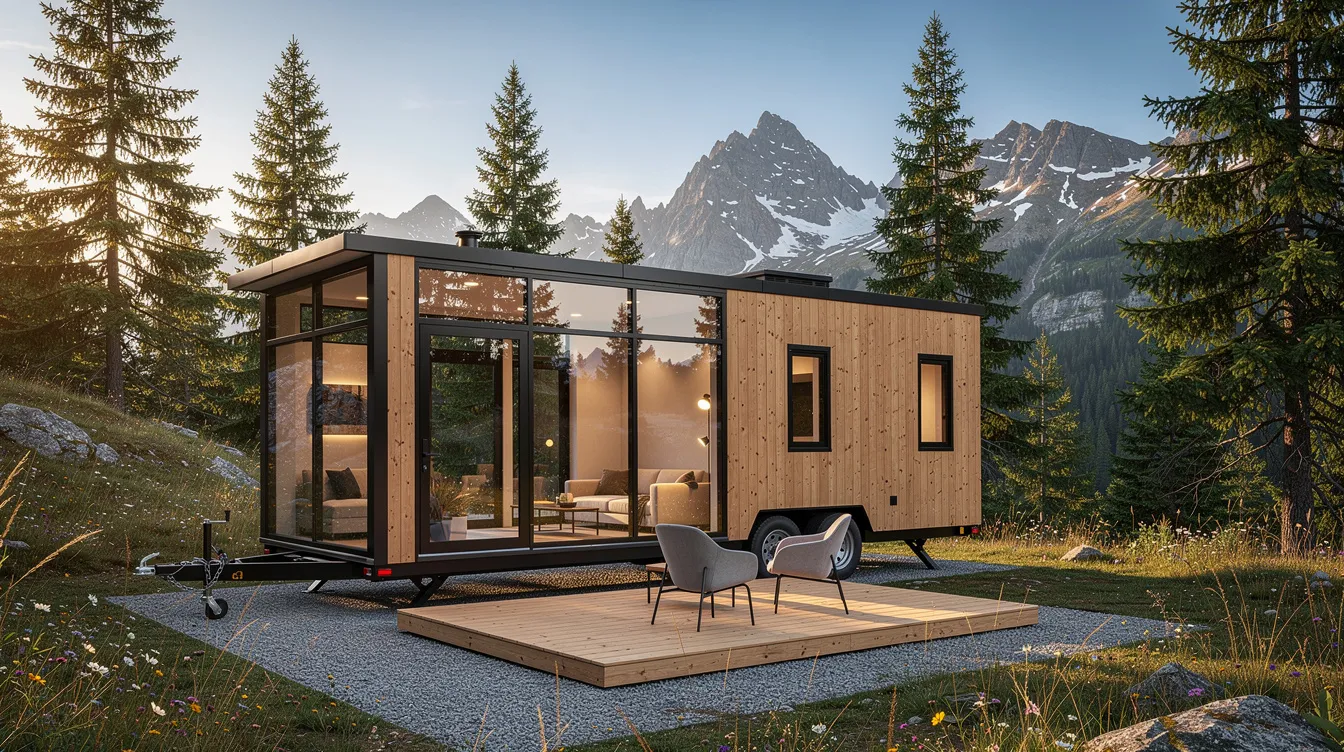 7500fdc82177414cb0776f7ff07b6d41 A modern tiny house with large windows is parked in a scenic mountain location showcasing beautiful designs and quality craftsmanship This road legal tiny home offers a perfect blend of timeless design and functionality ideal for those seeking a unique lifestyle in the great outdoors