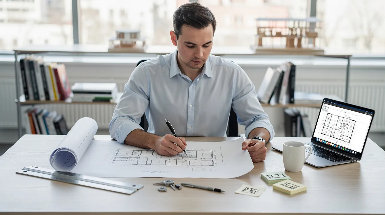 7632cc4bb2c440c0b8cb06491a45785f A person is seated at a desk intently reviewing detailed architectural plans for a tiny house surrounded by drafting tools and notes on building codes and permits The workspace reflects a focus on tiny home living and the necessary requirements for constructing a permanent dwelling within local regulations