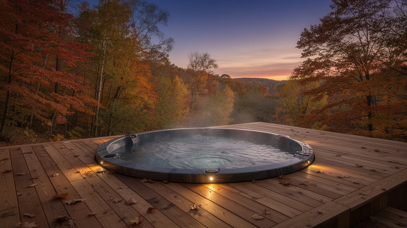 76eb40c9aeff471097e762af06bf0b13 A cozy private hot tub sits on a wooden deck surrounded by vibrant autumn trees as dusk settles in providing a peaceful retreat in West Virginia's Lost River State Park. The scene captures the perfect getaway for relaxation, with breathtaking views of the night sky and the promise of a wonderful stay in a tiny home.