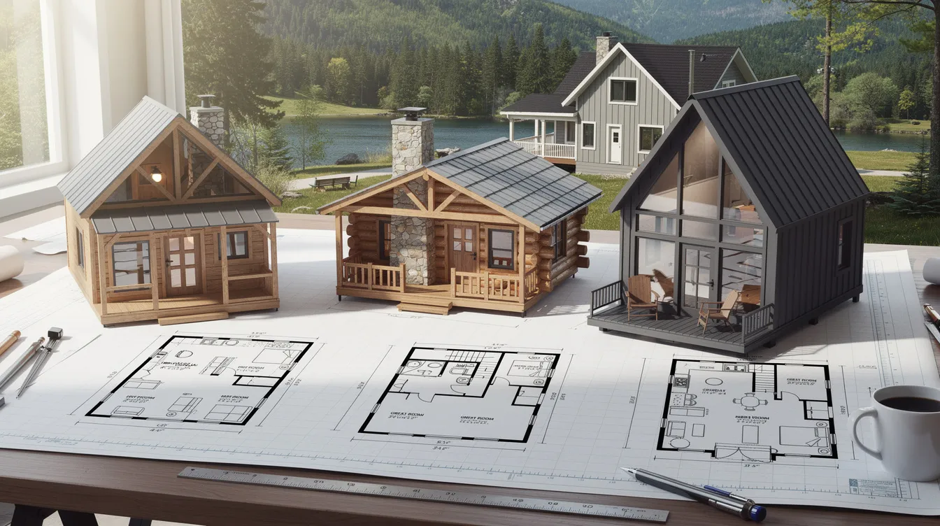 773faae1987942d683069b1a61112cdd This image showcases a variety of vacation home and cabin blueprints featuring small house plans that range from 400 to 800 square feet The designs include cozy cottages log cabins and A frame structures emphasizing open floor plans with large windows that enhance natural light and promote outdoor living spaces