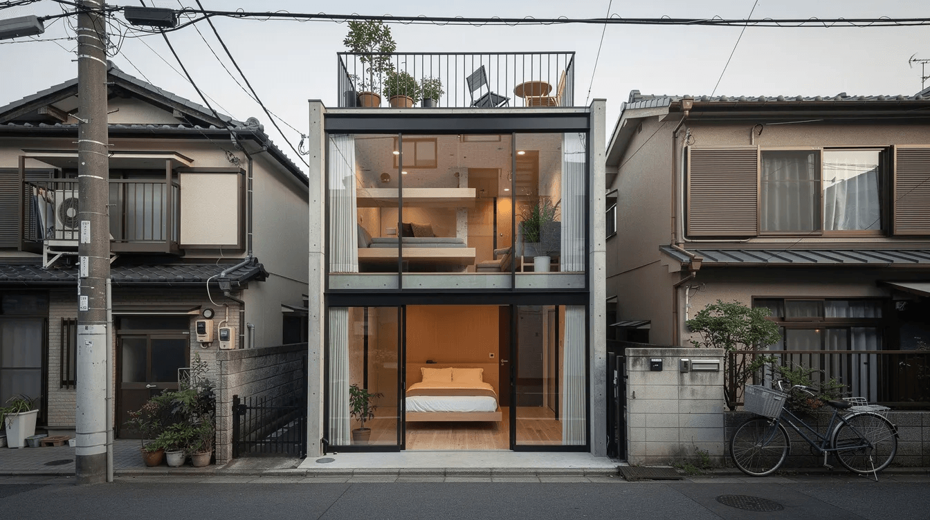 7881c6b8b60741b69d76577ee031b1c6 The image showcases a serene Japanese small house characterized by its narrow width and deep layout featuring high ceilings that enhance the sense of spaciousness Expansive glass windows and a roof terrace integrate indoor and outdoor spaces while the thoughtfully designed interior includes a bedroom on the first floor and a living area on the second floor showcasing contemporary features and natural light