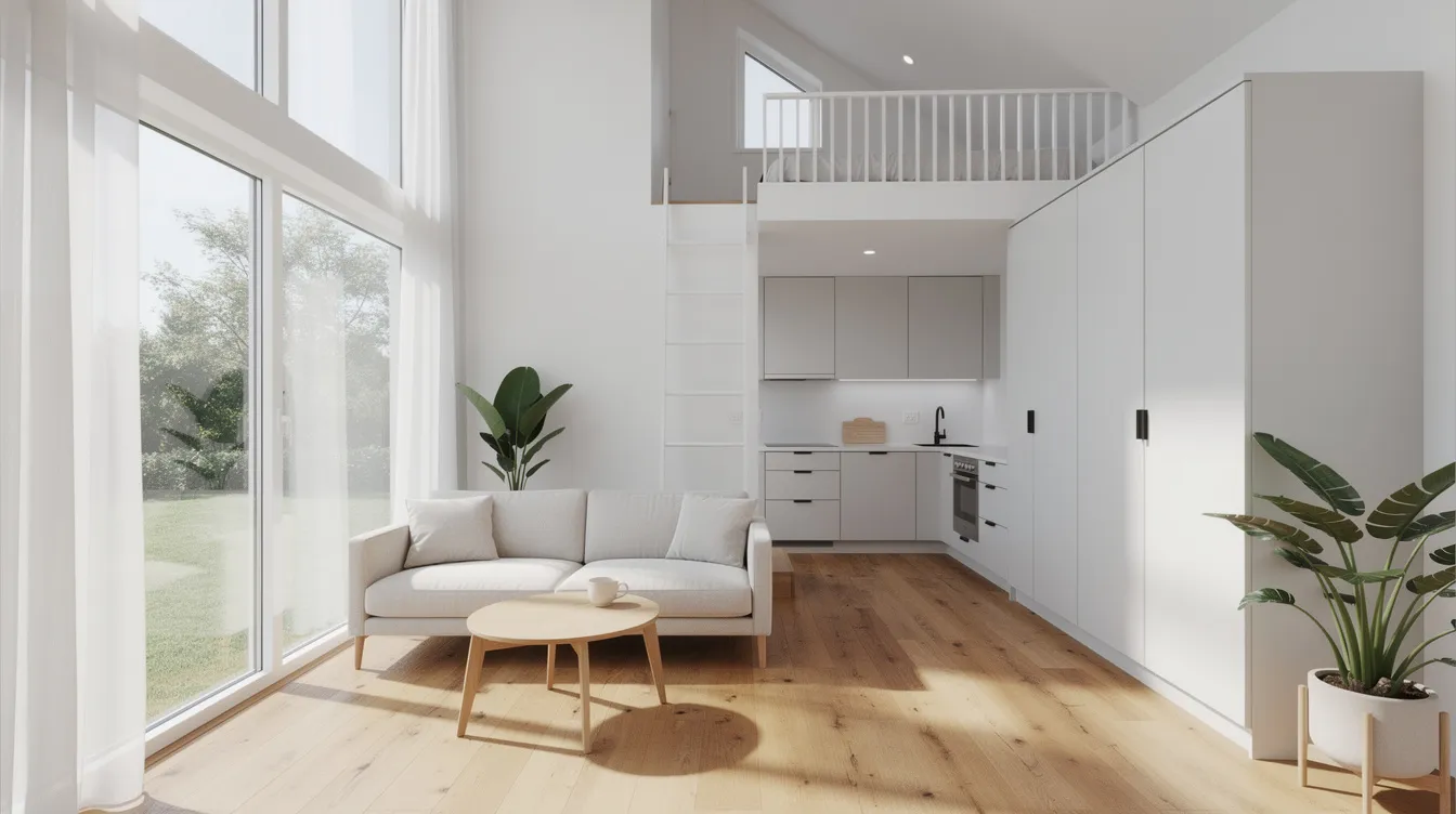 7b9792f4c4874059a5c01361764a1e0d The image depicts a bright and minimalist tiny home interior featuring high ceilings and abundant natural light showcasing the efficient use of space with insulated concrete forms and foam insulation for enhanced energy efficiency The clean lines and modern design elements create a welcoming atmosphere in this urban development project