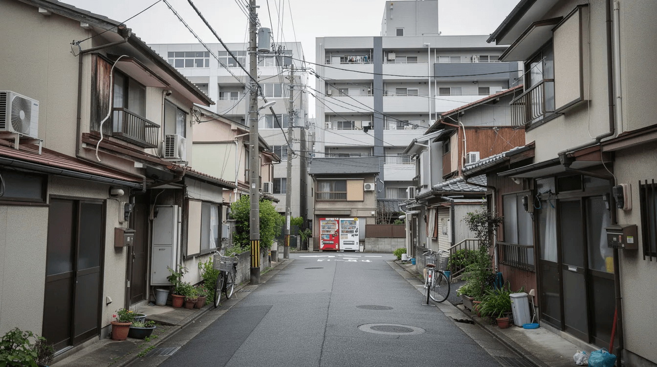7b9adf1b93e04ccda18b91a85599a874 The image depicts a narrow residential street in Tokyo lined with serene Japanese small houses that feature simple and contemporary designs nestled between larger buildings The scene showcases a harmonious blend of architecture with natural light illuminating the outdoor spaces and creating a warm atmosphere in this limited area
