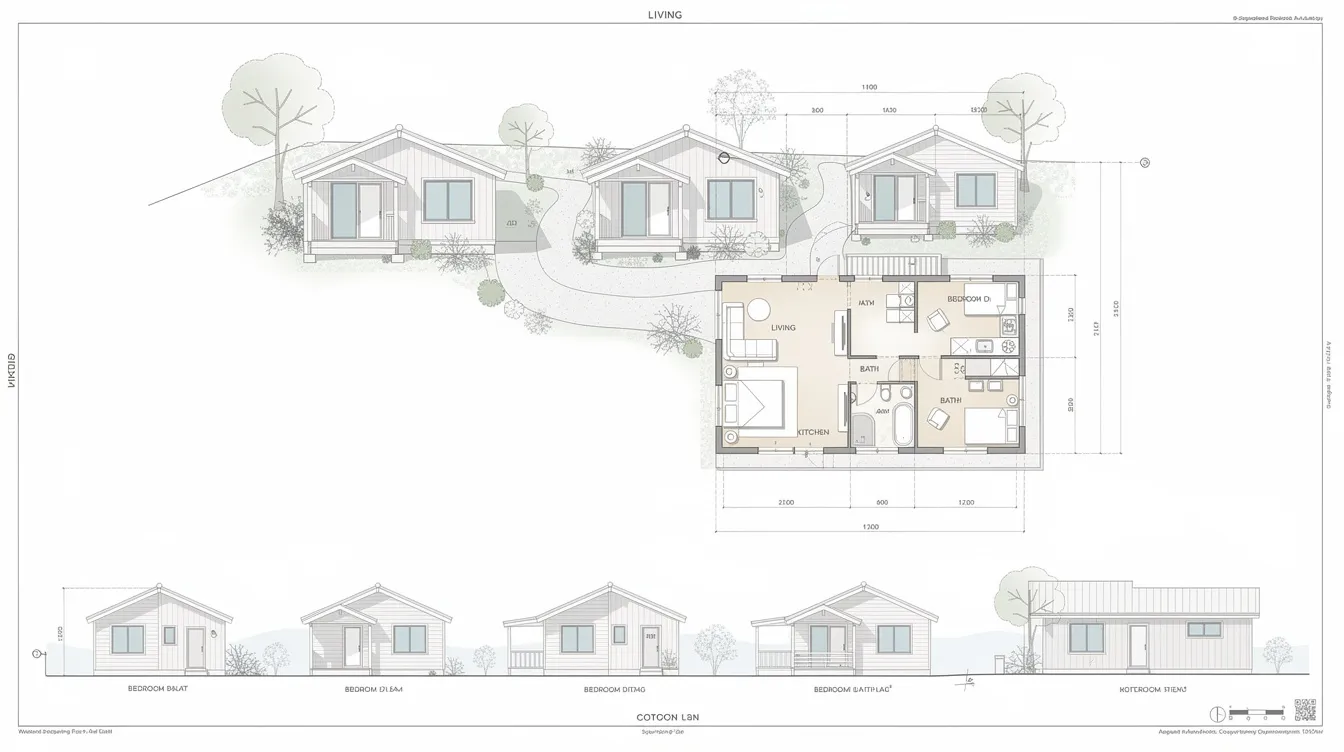 7bd0159c380741b591e73a546387f519 The image depicts a charming weekend getaway cottage designed with a small footprint featuring a cozy front porch and large windows that invite natural light into the living space This tiny house plan exemplifies stylish and practical living making it an ideal second home for those seeking a serene retreat